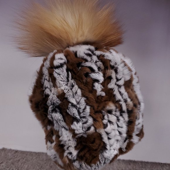 SALE Gray and Copper Knitted Rex Rabbit Fur Beanie with Fox Pom - Picture 1 of 2